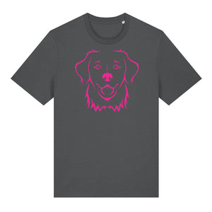 Magenta outline illustration of the head of a Golden Retriever on the front of an anthracite grey unisex t-shirt