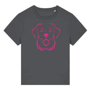 Magenta outline illustration of the head of a Golden Retriever on the front of an anthracite grey ladies t-shirt
