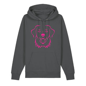 Magenta outline illustration of the head of a Golden Retriever on the front of an anthracite grey unisex Hoodie