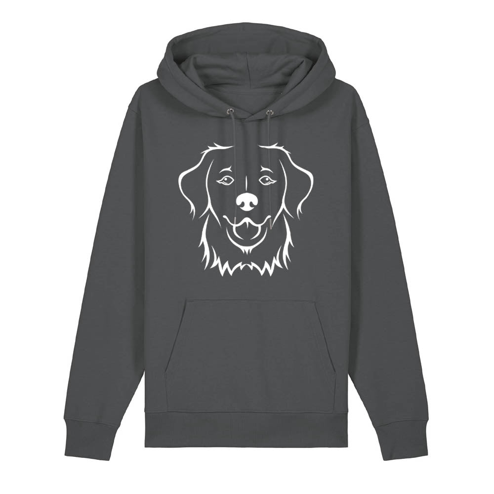 White outline illustration of the head of a Golden Retriever on the front of an anthracite grey unisex Hoodie