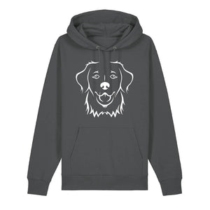 White outline illustration of the head of a Golden Retriever on the front of an anthracite grey unisex Hoodie