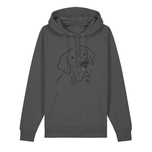 Black outline illustration of the head of a Great Dane on the front of an anthracite grey unisex Hoodie