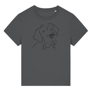 Black outline illustration of the head of a Great Dane on the front of an anthracite grey ladies t-shirt
