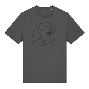 Black outline illustration of the head of a Great Dane on the front of an anthracite grey unisex t-shirt