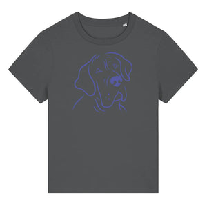 Blue outline illustration of the head of a Great Dane on the front of an anthracite grey ladies t-shirt