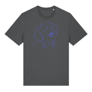 Blue outline illustration of the head of a Great Dane on the front of an anthracite grey unisex t-shirt
