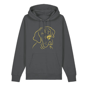 Gold outline illustration of the head of a Great Dane on the front of an anthracite grey unisex Hoodie