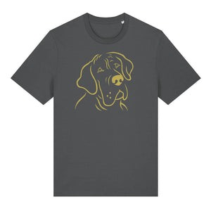 Gold outline illustration of the head of a Great Dane on the front of an anthracite grey unisex t-shirt