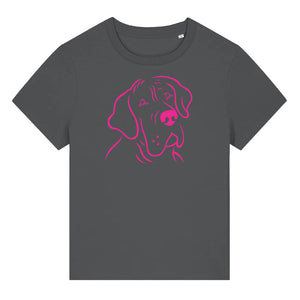 Magenta outline illustration of the head of a Great Dane on the front of an anthracite grey ladies t-shirt