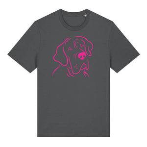 Magenta outline illustration of the head of a Great Dane on the front of an anthracite grey unisex t-shirt