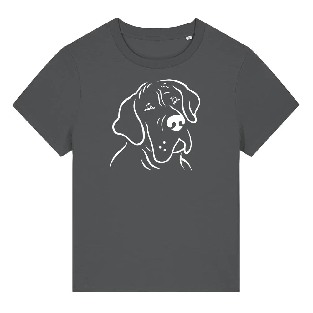 White outline illustration of the head of a Great Dane on the front of an anthracite grey ladies t-shirt