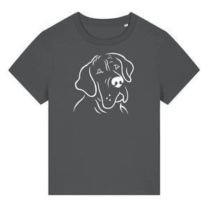 White outline illustration of the head of a Great Dane on the front of an anthracite grey ladies t-shirt