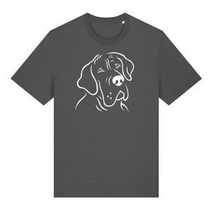 White outline illustration of the head of a Great Dane on the front of an anthracite grey unisex t-shirt
