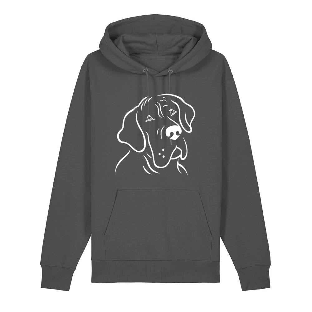 White outline illustration of the head of a Great Dane on the front of an anthracite grey unisex Hoodie