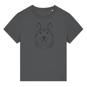 Black outline illustration of the head of a Husky on the front of an anthracite grey ladies t-shirt