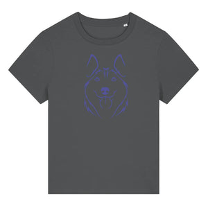 Blue outline illustration of the head of a Husky on the front of an anthracite grey ladies t-shirt