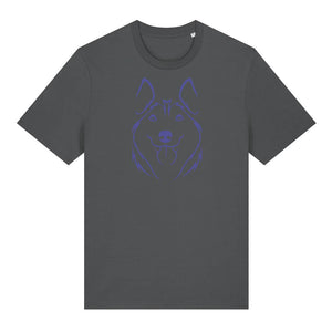 Blue outline illustration of the head of a Husky on the front of an anthracite grey unisex t-shirt