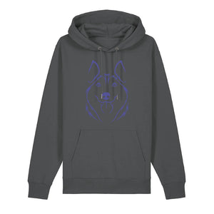Blue outline illustration of the head of a Husky on the front of an anthracite grey unisex Hoodie