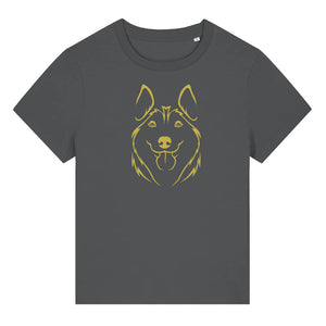 Gold outline illustration of the head of a Husky on the front of an anthracite grey ladies t-shirt