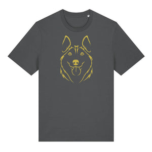 Gold outline illustration of the head of a Husky on the front of an anthracite grey unisex t-shirt