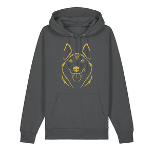 Gold outline illustration of the head of a Husky on the front of an anthracite grey unisex Hoodie