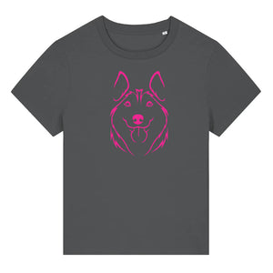 Magenta outline illustration of the head of a Husky on the front of an anthracite grey ladies t-shirt