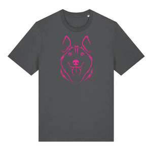 Magenta outline illustration of the head of a Husky on the front of an anthracite grey unisex t-shirt