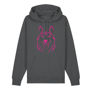Magenta outline illustration of the head of a Husky on the front of an anthracite grey unisex Hoodie