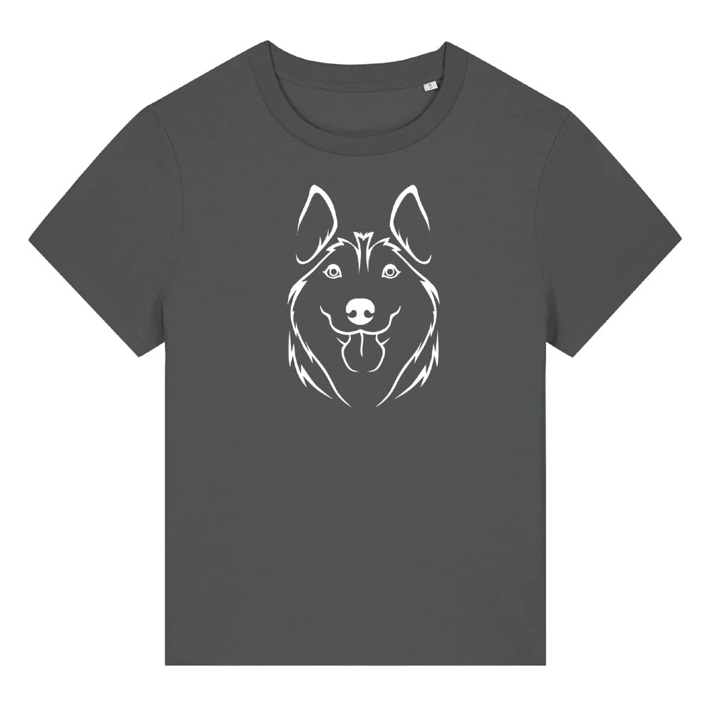 White outline illustration of the head of a Husky on the front of an anthracite grey ladies t-shirt