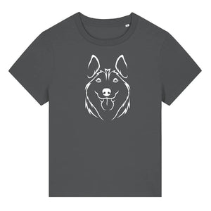 White outline illustration of the head of a Husky on the front of an anthracite grey ladies t-shirt