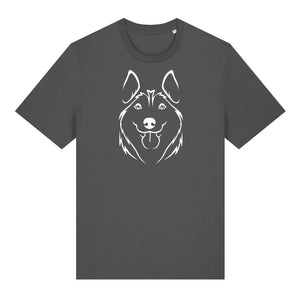 White outline illustration of the head of a Husky on the front of an anthracite grey unisex t-shirt
