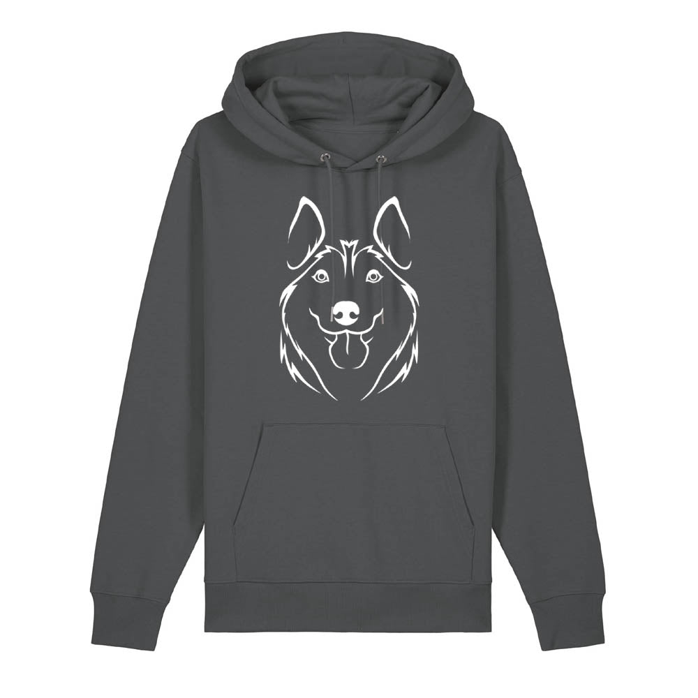 White outline illustration of the head of a Husky on the front of an anthracite grey unisex Hoodie