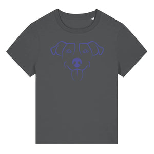 Blue outline illustration of the head of a Jack Russell on the front of an anthracite grey ladies t-shirt