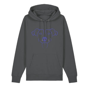 Blue outline illustration of the head of a Jack Russell on the front of an anthracite grey unisex Hoodie