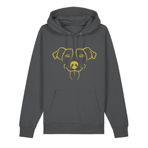 Gold outline illustration of the head of a Jack Russell on the front of an anthracite grey unisex Hoodie