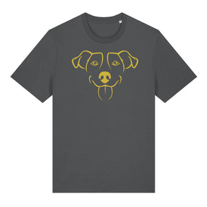 Gold outline illustration of the head of a Jack Russell on the front of an anthracite grey unisex t-shirt