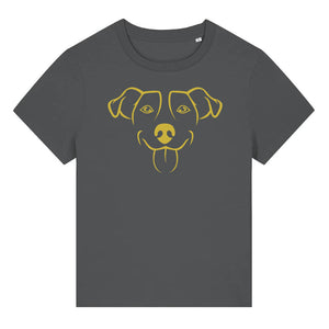Gold outline illustration of the head of a Jack Russell on the front of an anthracite grey ladies t-shirt