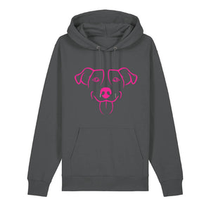 Magenta outline illustration of the head of a Jack Russell on the front of an anthracite grey unisex Hoodie