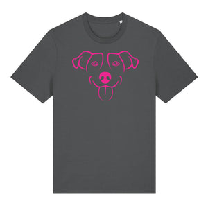 Magenta outline illustration of the head of a Jack Russell on the front of an anthracite grey unisex t-shirt