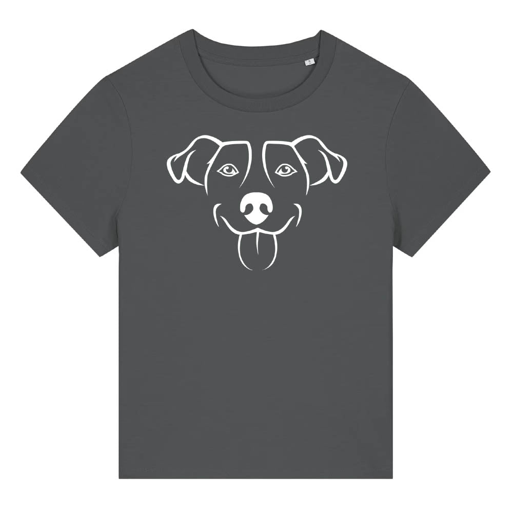 White outline illustration of the head of a Jack Russell on the front of an anthracite grey ladies t-shirt