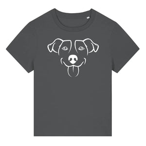 White outline illustration of the head of a Jack Russell on the front of an anthracite grey ladies t-shirt