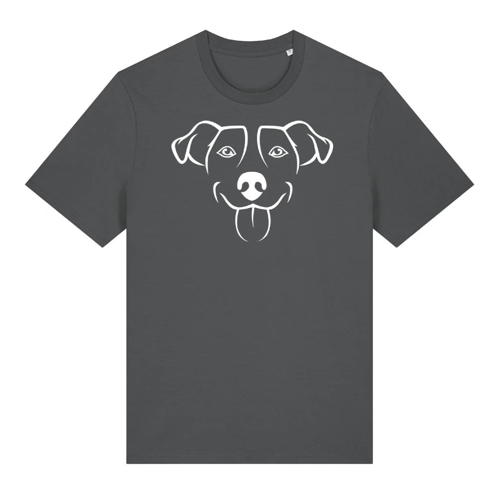 White outline illustration of the head of a Jack Russell on the front of an anthracite grey unisex t-shirt