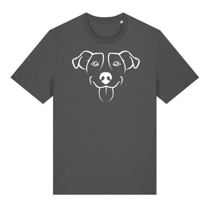 White outline illustration of the head of a Jack Russell on the front of an anthracite grey unisex t-shirt