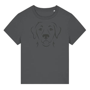 Black outline illustration of the head of a Labrador Retriever on the front of an anthracite grey ladies t-shirt