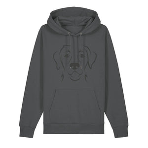 Black outline illustration of the head of a Labrador Retriever on the front of an anthracite grey unisex Hoodie