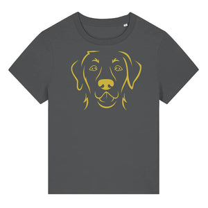 Gold outline illustration of the head of a Labrador Retriever on the front of an anthracite grey ladies t-shirt