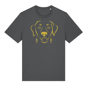 Gold outline illustration of the head of a Labrador Retriever on the front of an anthracite grey unisex t-shirt