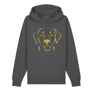 Gold outline illustration of the head of a Labrador Retriever on the front of an anthracite grey unisex Hoodie