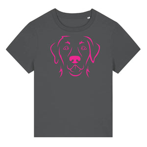 Magenta outline illustration of the head of a Labrador Retriever on the front of an anthracite grey ladies t-shirt
