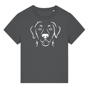 White outline illustration of the head of a Labrador Retriever on the front of an anthracite grey ladies t-shirt